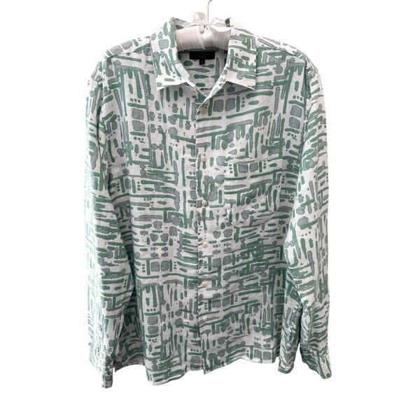 TED BAKER Men’s Linen Shirt Abstract Green Gray Print Button Down | Size 4 Large - Picture 1 of 6